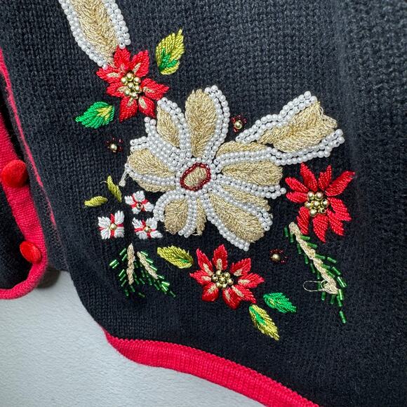 Mercer Street Studio M Black Red Beaded Floral Cardigan Sweater Holiday Vintage - Picture 3 of 10